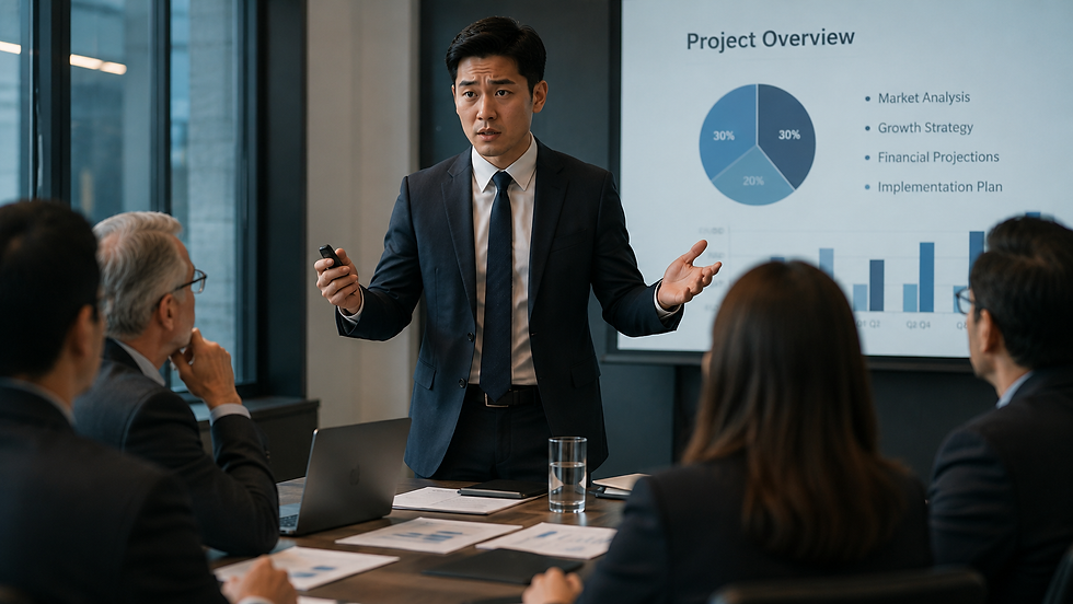 Businessman presents Project Overview charts to a seated team in a modern conference room, looking serious and engaged.