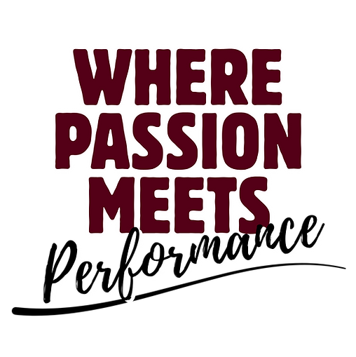 Text-based graphic featuring the phrase “Where Passion Meets Performance” in Peak Dance Company’s signature maroon and white colors on a transparent background, representing the studio’s values of passion, artistry, and performance excellence.