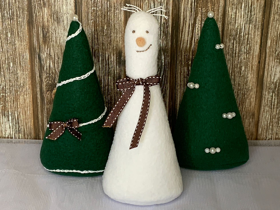 Handmade A Frosty Night snowman and Christmas tree keepsakes in green.