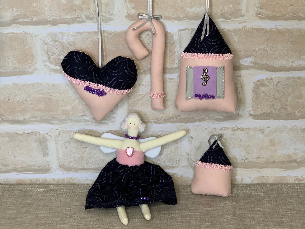 A set of five handmade Festive Ornaments keepsakes in pink