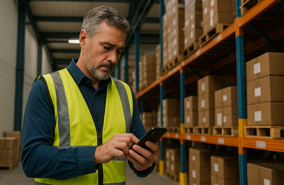 Warehouse manager in safety vest reviewing live notifications on his phone beside neatly stacked pallets