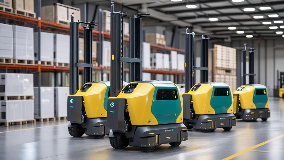 Robots with yellow and green bodies on a warehouse floor, moving amidst shelves of boxes. Bright overhead lights illuminate the scene.