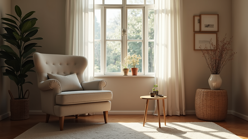 Eye-level view of a cozy living room with a comfortable armchair and a side table