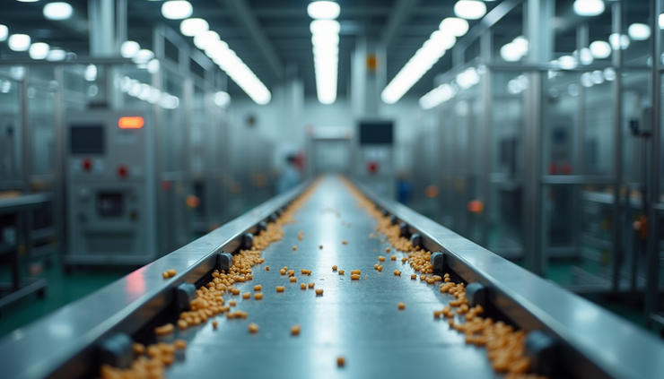 Eye-level view of a food production line with quality control sensors installed