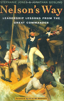 Painting of Nelson poining at something and sailors looking at him on a boat and title of the book