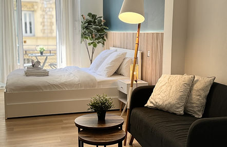 Intérieur d'un appartement meublé avec canapé, lit, table, lampadaire et fenêtre.