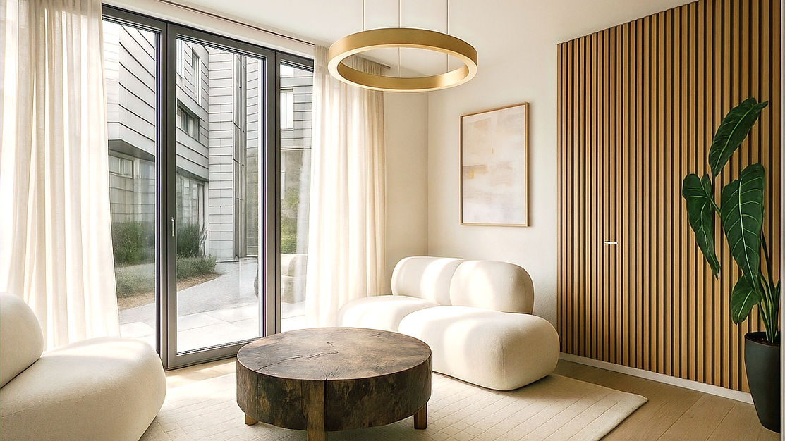 Salon moderne avec canapé, table basse et fenêtre donnant sur l'extérieur. LEEN KAYSI - Architecte d’Intérieur