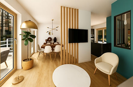 Salon moderne avec une télévision montée, des chaises et une table. LEEN KAYSI – Architecte d’Intérieur