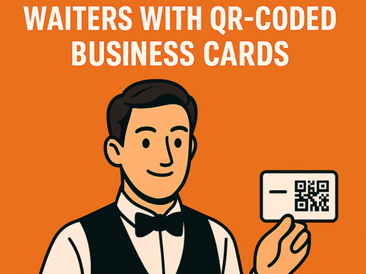 Illustration of a smiling waiter in formal attire holding a small QR-coded business card, set against a bold orange background with the title 'The Future of Hospitality: Waiters with QR-Coded Business Cards'