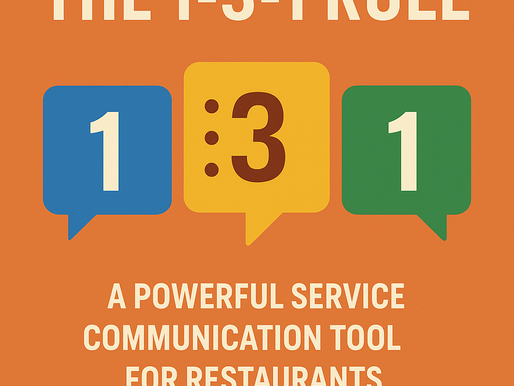 Infographic of the 1-3-1 Rule showing speech bubbles with numbers 1, 3, and 1 on an orange background, representing a structured service communication method for restaurants