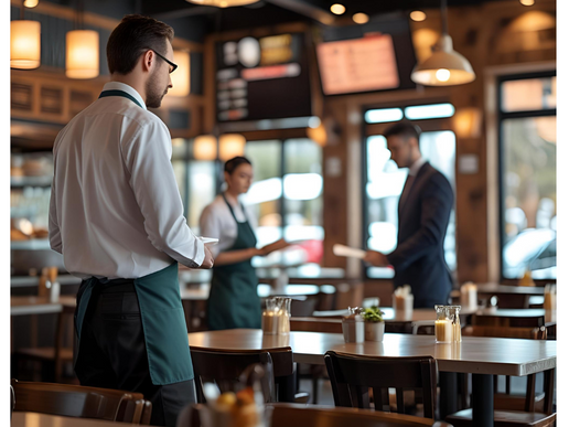 Waitstaff in green aprons prepare tables in a warmly lit restaurant. A customer in a suit reads a menu. Mood is busy yet calm.