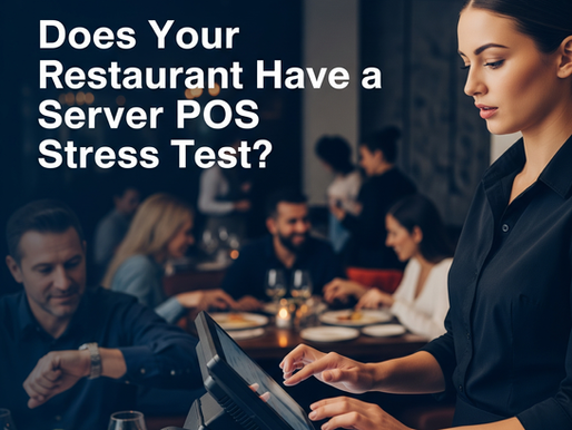 Server using POS terminal in busy restaurant, guests dining. Text: "Does Your Restaurant Have a Server POS Stress Test?" on left.