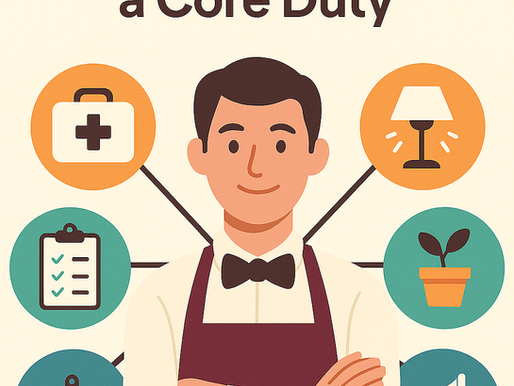 Illustration of a confident waiter surrounded by icons representing specialized roles such as health and safety, ambience control, and signage management, highlighting the concept of individual core duties in a restaurant team.