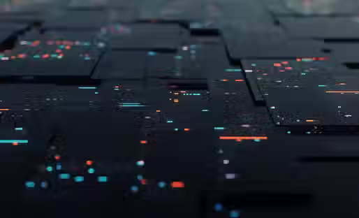 Dark screens with blue and orange code lines are layered, creating a digital, futuristic atmosphere.