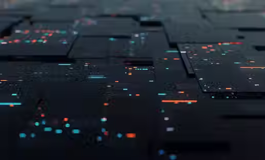 Dark screens with blue and orange code lines are layered, creating a digital, futuristic atmosphere.