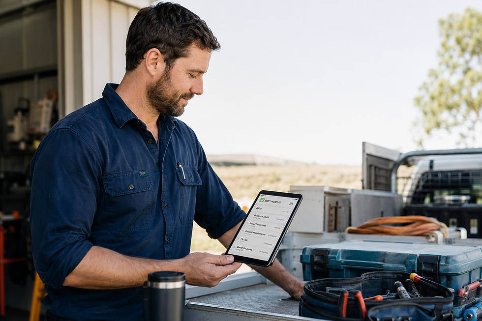 A tradie in navy workwear standing at a bench or ute tray, looking at a tablet or phone showing a ServiceM8-style job list.