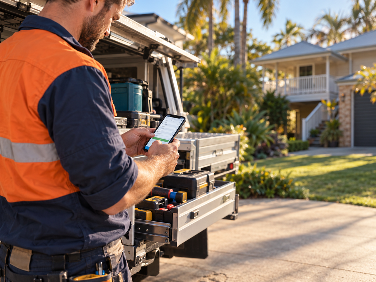 Tradie in hi-vis sending a quote from his phone at the back of his ute on a Queensland driveway