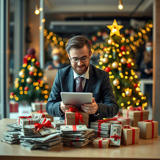 A relaxed man sits at a desk with a tablet, surrounded by Christmas decorations, smiling while managing his business finances