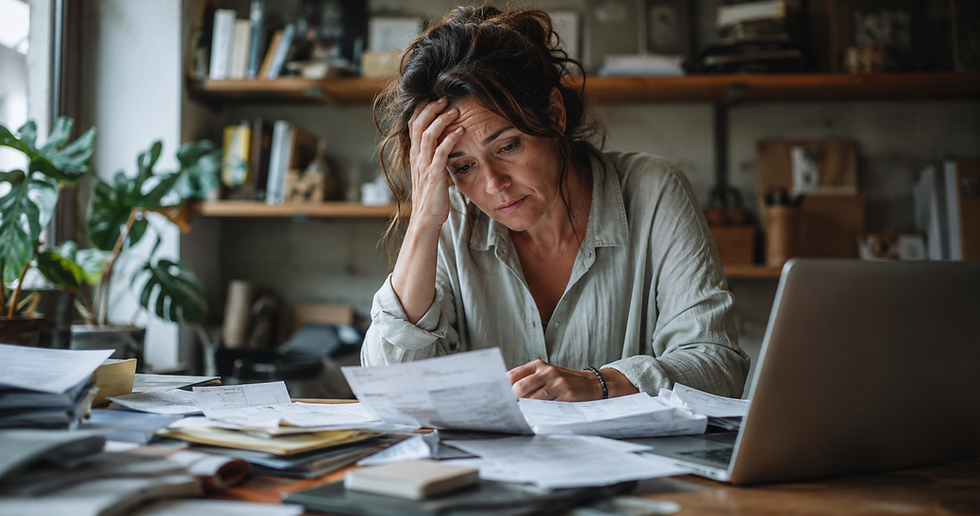 Stressed woman studies scattered bills at a desk beside a laptop in a home office, looking worried and overwhelmed.