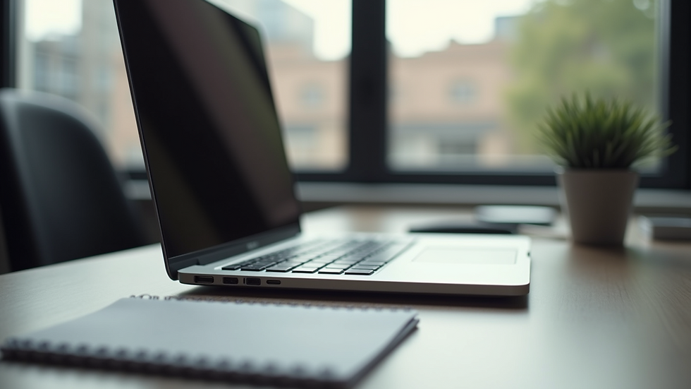 Eye-level view of a modern workspace with a laptop and a notepad