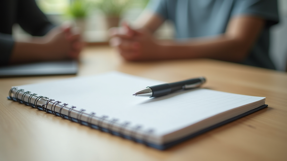 Close-up view of a notebook and pen on a therapy desk ready for a session