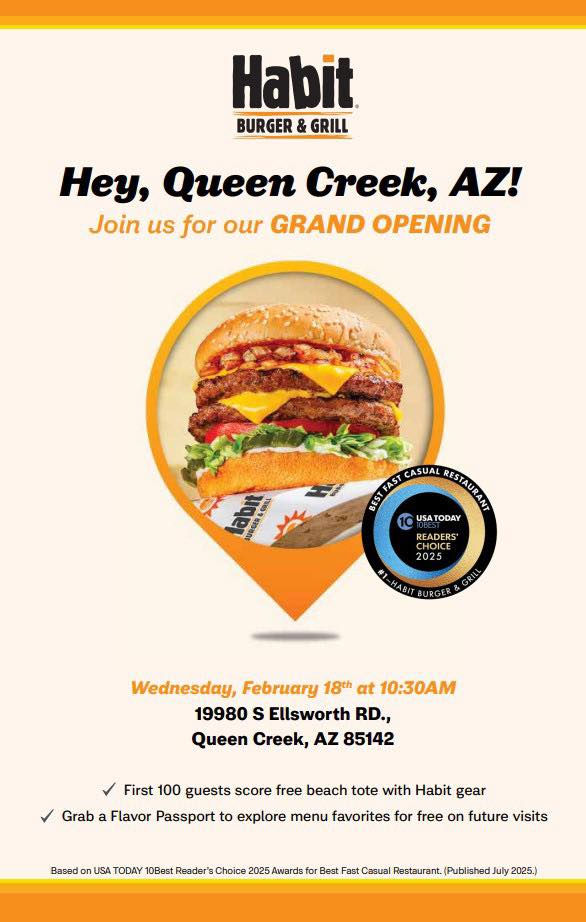 Flyer for Habit Burger & Grill's Queen Creek, AZ grand opening. Features a burger image, opening details, and promotions for first 100 guests.