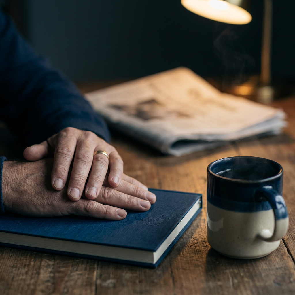 A man's hands resting on a closed notebook beside a mug of tea, calm and in control
