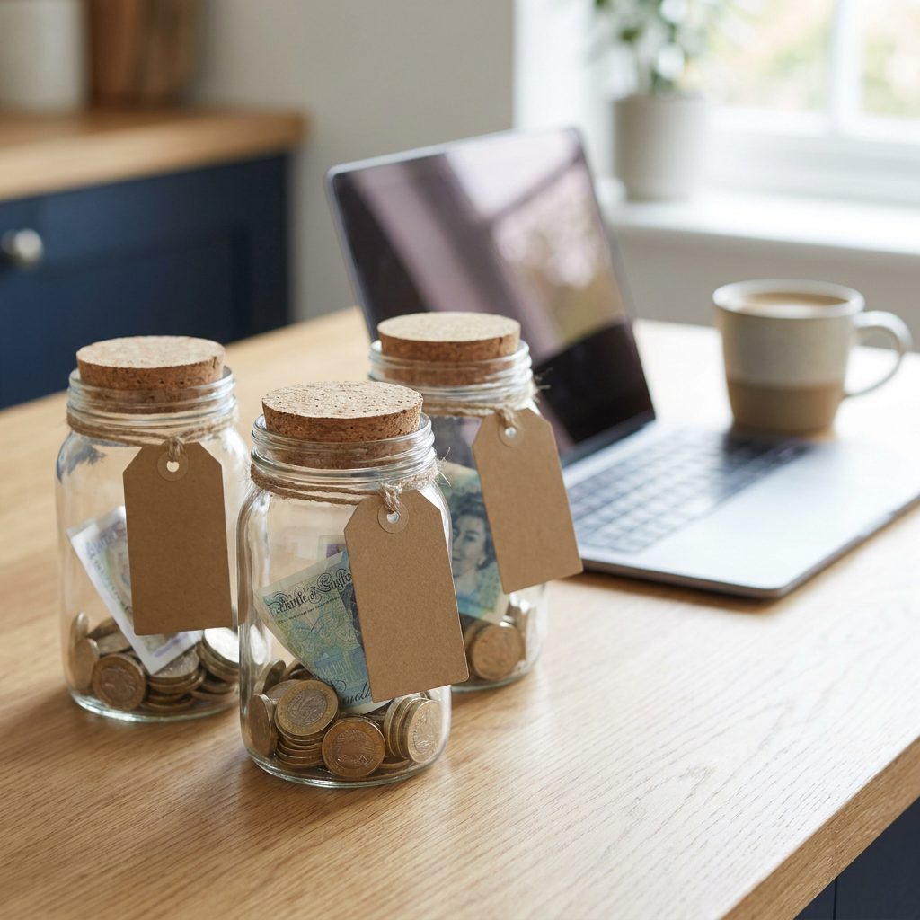 Three glass jars holding coins and notes on a kitchen table, representing tax, pay and buffer pots