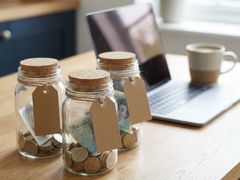 Three glass jars holding coins and notes on a kitchen table, representing tax, pay and buffer pots