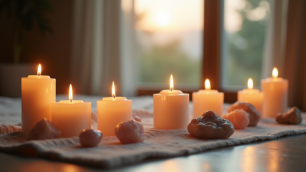 Close-up view of a meditation space with candles and crystals