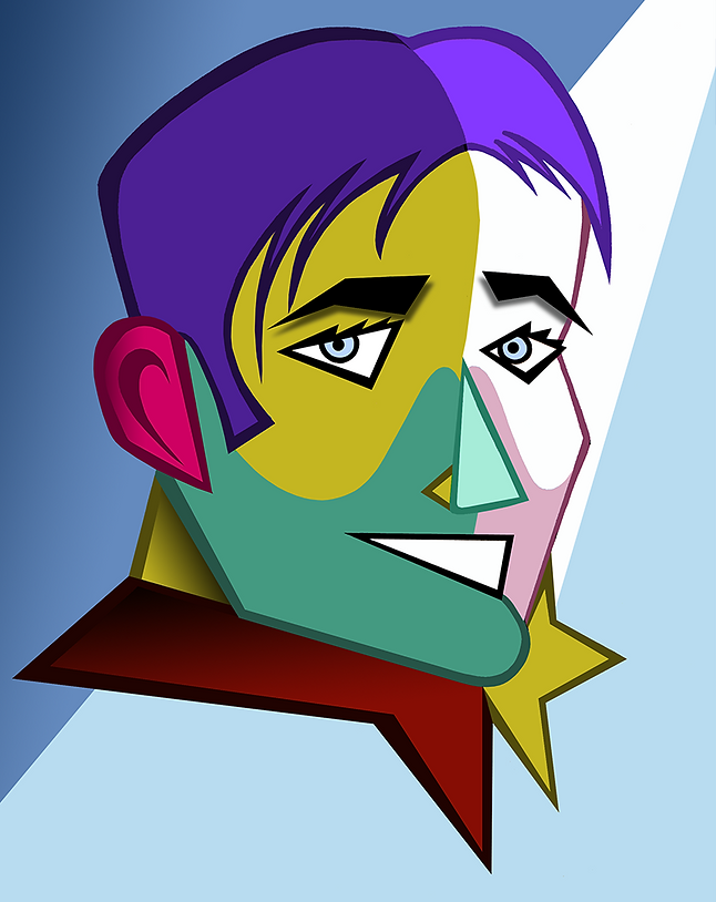 Colorful, cubist style caricature of Andre Adams