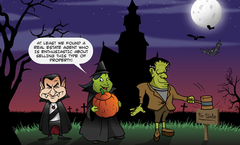 cartoon Dracula, witch an Frankenstein in front of haunted house