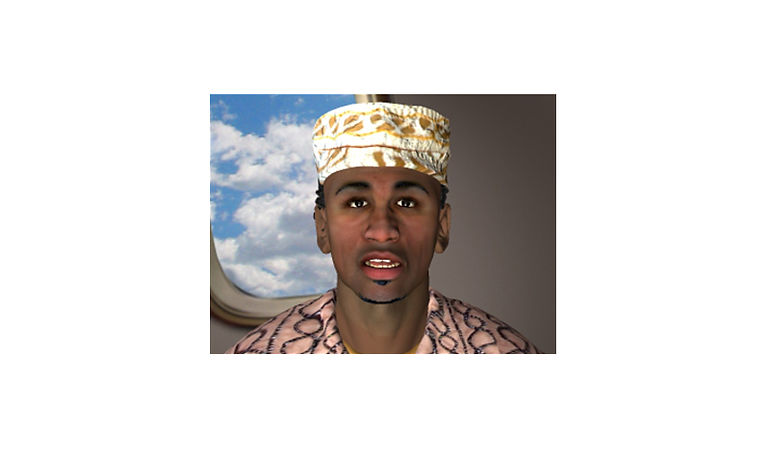 3D rendering of a talking Kenyan avatar in front of an airplane window