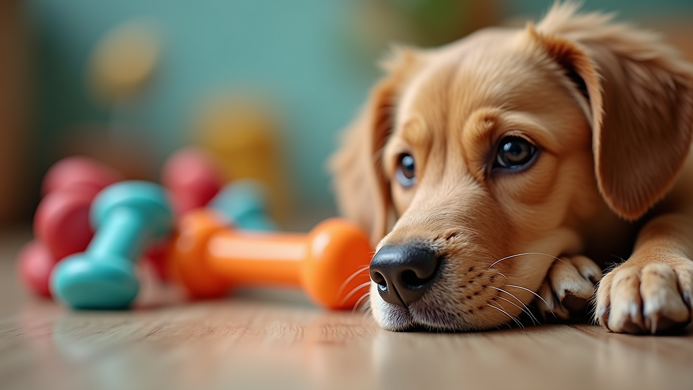 Close-up view of a colorful assortment of dog toys