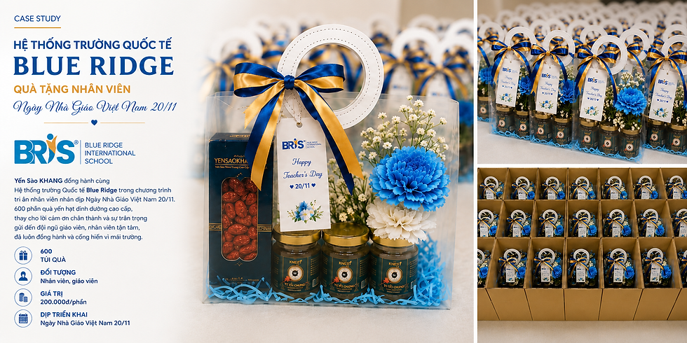 Bộ quà tặng sức khỏe doanh nghiệp dành cho Blue Ridge International School với yến chưng KNEST, táo đỏ và thiết kế nhận diện riêng nhân Ngày Nhà giáo Việt Nam 20/11.
