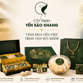 Thông tin nhận diện thương hiệu chính thức của Công ty TNHH Yến Sào Khang với showroom, nhà máy và các dòng sản phẩm yến sào.