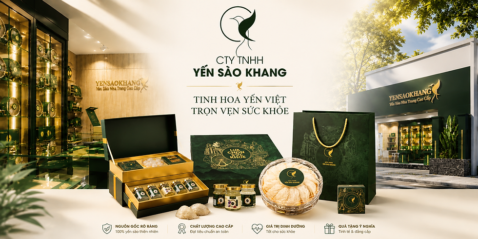Thông tin nhận diện thương hiệu chính thức của Công ty TNHH Yến Sào Khang với showroom, nhà máy và các dòng sản phẩm yến sào.