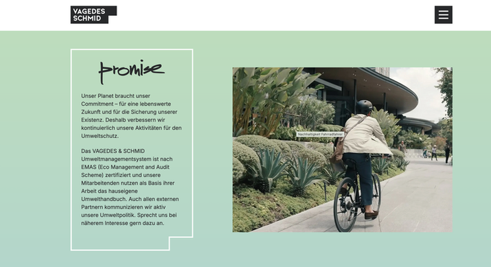 Unterseite Modul Teaser Nachhaltigkeit mit Bild Mann auf Fahrrad der neuen Website Vagedes und Schmid