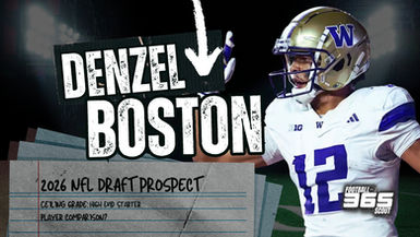 Image of Washington wide receiver Denzel Boston in a Football Scout 365 graphic titled “2026 NFL Draft Prospect.” Boston is shown in full uniform with the football, alongside text noting his high-end starter ceiling for the 2026 NFL Draft.