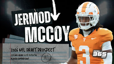 Image of Tennessee cornerback Jermod McCoy during a 2024 game, featured in a Football Scout 365 graphic titled “2026 NFL Draft Prospect.” The design highlights McCoy’s elite man-coverage skills, explosiveness, and projection as a first-round cornerback in the 2026 NFL Draft.