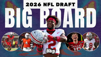 2026 NFL Draft Big Board graphic featuring Ohio State safety Caleb Downs, Miami edge rusher Rueben Bain Jr., Ohio State linebacker Arvell Reese, Indiana quarterback Fernando Mendoza, and Texas Tech edge rusher David Bailey.