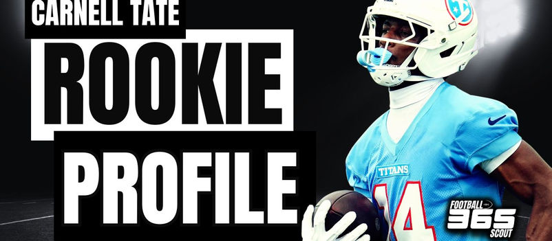 Carnell Tate dynasty rookie profile 2026 fantasy football outlook with Tennessee Titans projection and Football Scout 365 branding