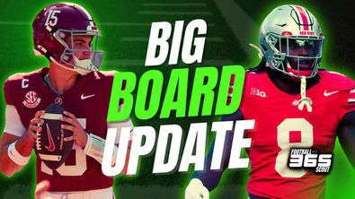 2026 NFL Draft Big Board Update graphic featuring Alabama quarterback Ty Simpson and Ohio State linebacker Arvell Reese, highlighting top prospects for Football Scout 365.