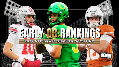 2027 NFL Draft QB rankings graphic featuring Dante Moore, Arch Manning, Julian Sayin, Drew Mestemaker, and CJ Carr with Football Scout 365 grade tiers and projection notes.