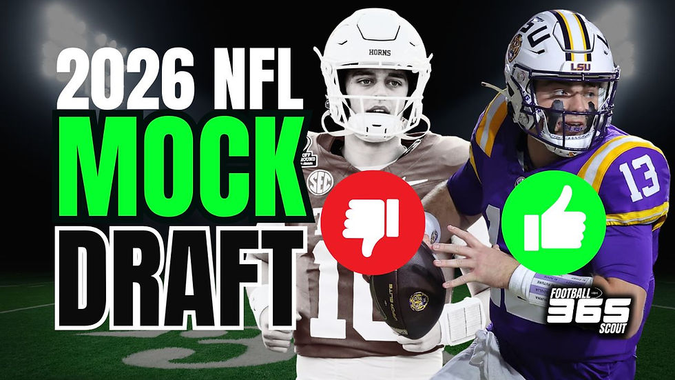 2026 NFL Mock Draft thumbnail featuring Texas QB Arch Manning with a red thumbs-down icon and LSU QB Garrett Nussmeier with a green thumbs-up icon, created by Football Scout 365.