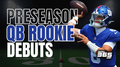 Image of New York Giants rookie quarterback Jaxson Dart preparing to throw a football, with bold text reading “Preseason QB Rookie Debuts” — highlighting 2025 NFL Draft rookie quarterback performances from Week 1 of the preseason.