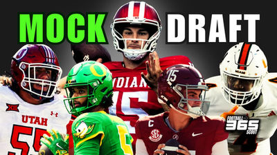 2026 NFL Mock Draft graphic featuring Indiana quarterback Fernando Mendoza, Alabama quarterback Ty Simpson, Utah offensive tackle Spencer Fano, and Miami edge rusher Rueben Bain Jr., presented by Football Scout 365.