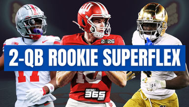 2026 dynasty fantasy football Superflex rookie rankings graphic featuring Fernando Mendoza, Jeremiyah Love, and Carnell Tate with Football Scout 365 branding.