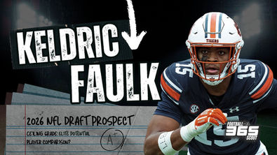 Image of Auburn defensive end Keldric Faulk engaged with a blocker during a 2025 SEC game. Featured in a Football Scout 365 graphic for the Keldric Faulk NFL Draft Scouting Report, highlighting his length, run-defense dominance, and projection as a first-round defensive lineman in the 2026 NFL Draft.