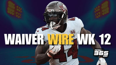 Tampa Bay Buccaneers running back Sean Tucker carries the football in his white and red uniform, featured in the Football Scout 365 “Fantasy Football Waiver Wire Week 12” graphic, highlighting top waiver adds for the upcoming fantasy football week.